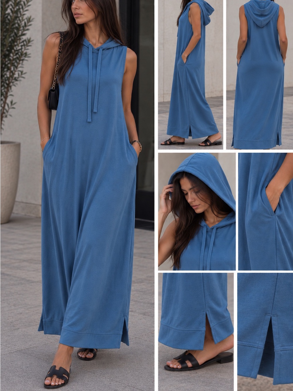 Sleeveless Oversized Hooded Maxi Dress - Blue